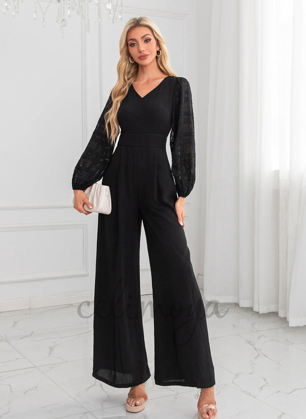 V-Neck Jumpsuit/Pantsuit Polyester Maxi Dresses - 305425