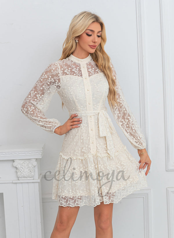 High Neck A-line Lace Mini Dresses - 305437