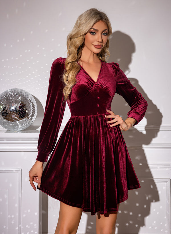 V-Neck A-line Velvet Mini Dress - 305898