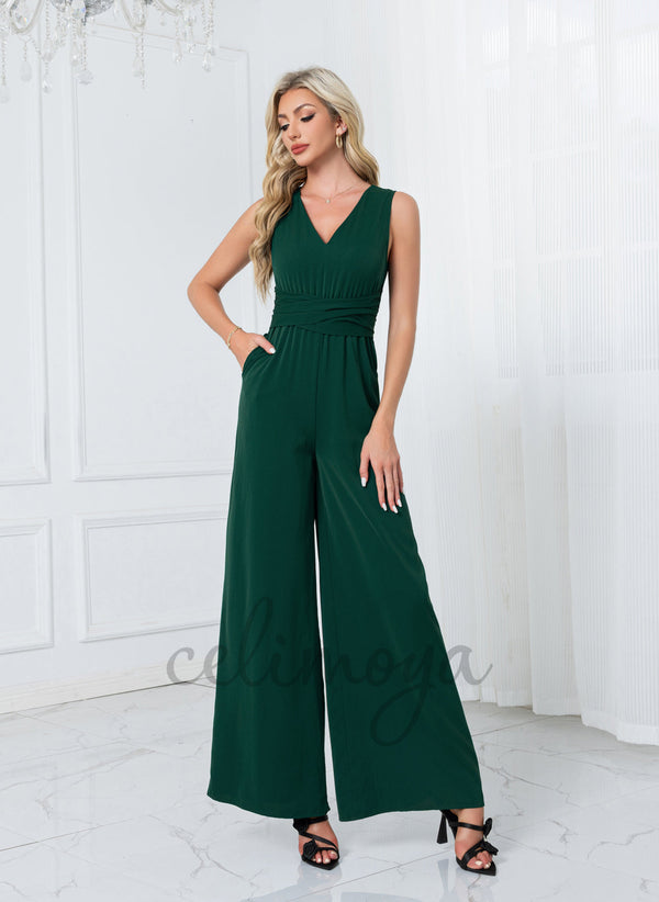 V-Neck Jumpsuit/Pantsuit Polyester Maxi Dresses - 305919