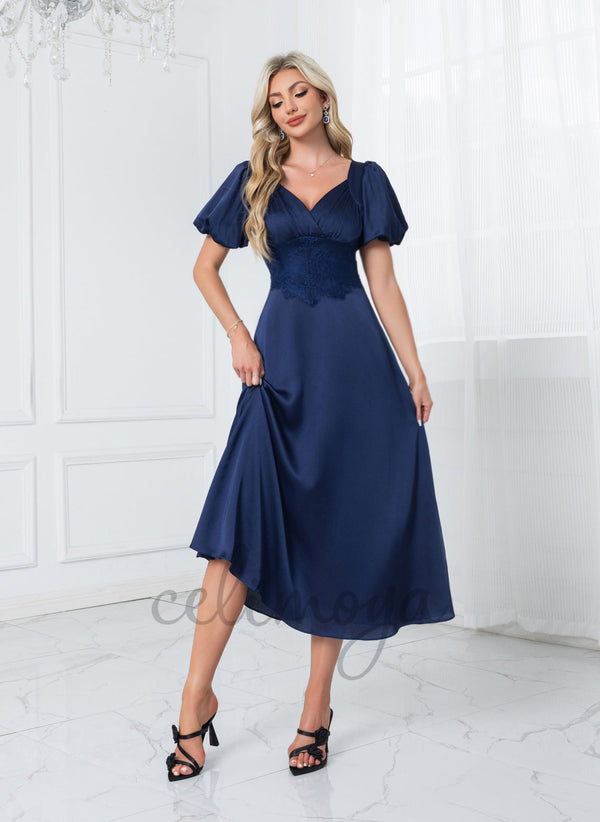 Sweetheart A-line Satin Midi Dresses - 306284