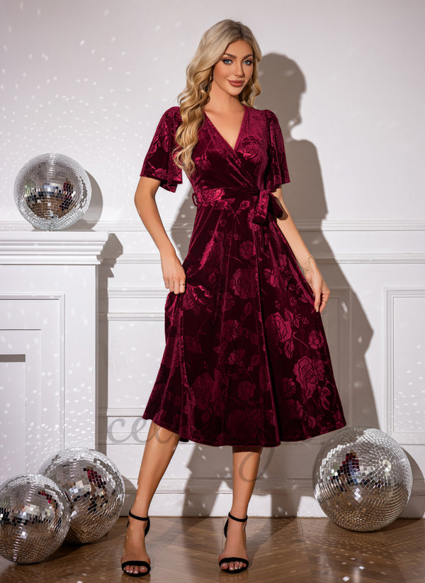 Jacquard V-Neck A-line Velvet Midi Dress - 306291