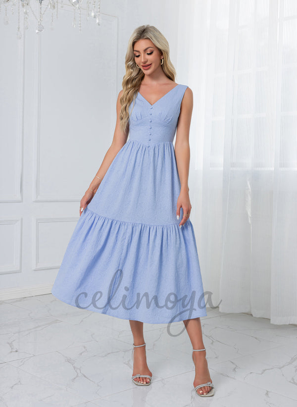 Ruffle V-Neck A-line Polyester Midi Dresses - 306293