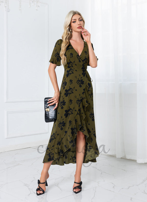 Jacquard V-Neck A-line Polyester Asymmetrical Midi Dresses - 306297