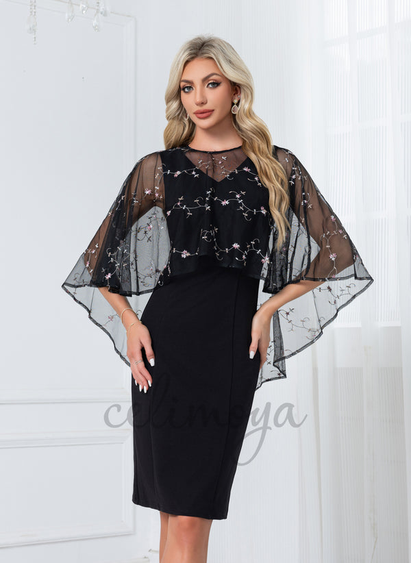 Embroidered V-Neck Sheath/Column Lace Polyester Midi Dresses - 306300