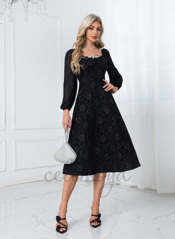 Rhinestone Jacquard Square A-line Chiffon Polyester Midi Dresses - 306304