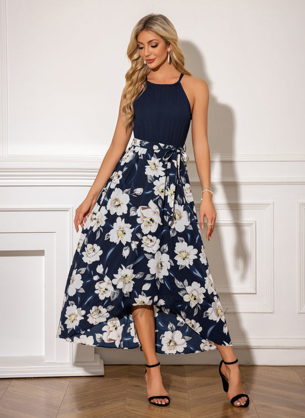 Floral Print Halter A-line Chiffon Polyester Asymmetrical Midi Dress