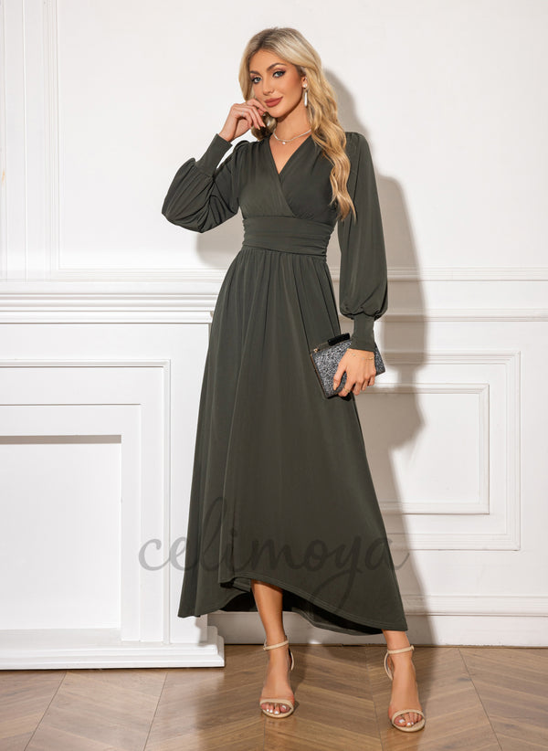 V-Neck A-line Jersey Asymmetrical Maxi Dress