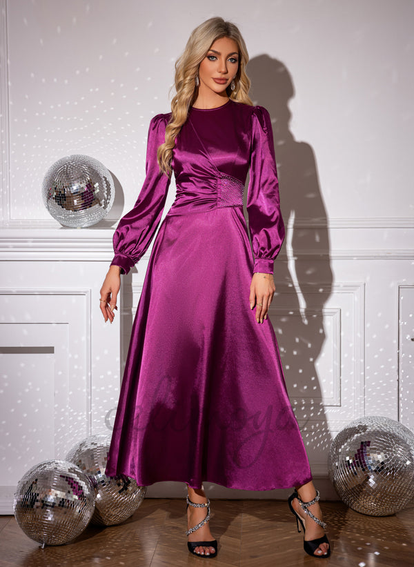 Rhinestone Scoop A-line Satin Maxi Dress - 308230