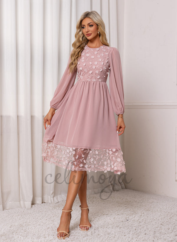 Scoop A-line Chiffon Lace Midi Dress - 308237