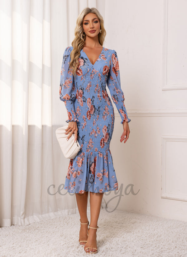 Pleated Floral Print V-Neck Trumpet/Mermaid Chiffon Midi Dress - 308558