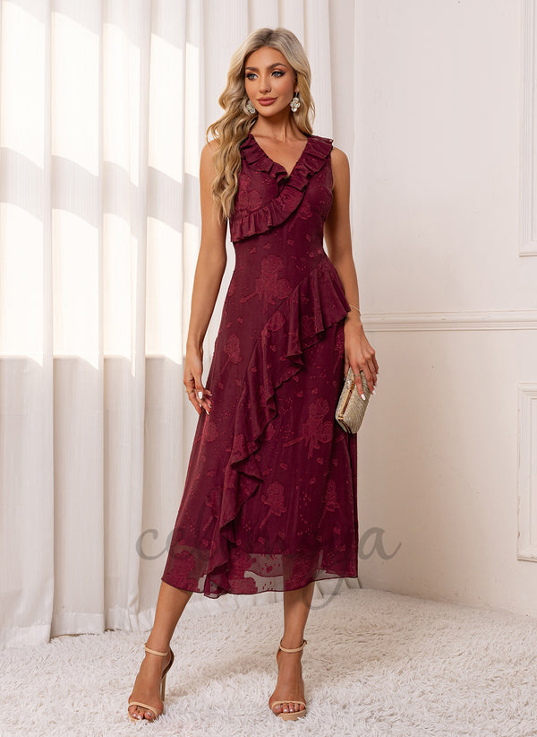 Ruffle V-Neck A-line Chiffon Midi Dress - 308559