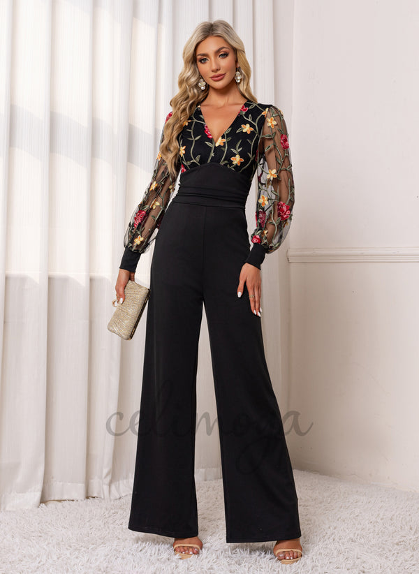 Embroidered V-Neck Jumpsuit/Pantsuit Lace Jersey Maxi Dress - 308565