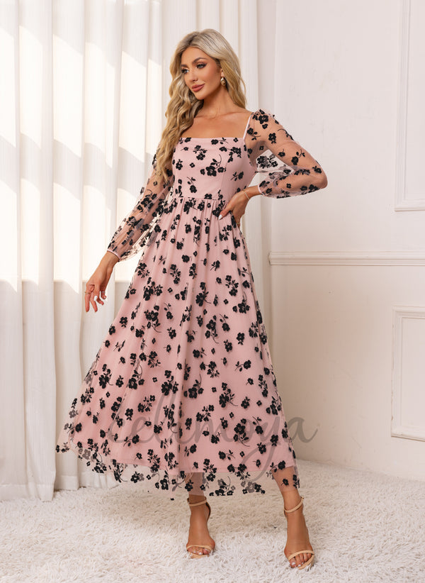 Jacquard Square A-line Tulle Maxi Dress - 308569