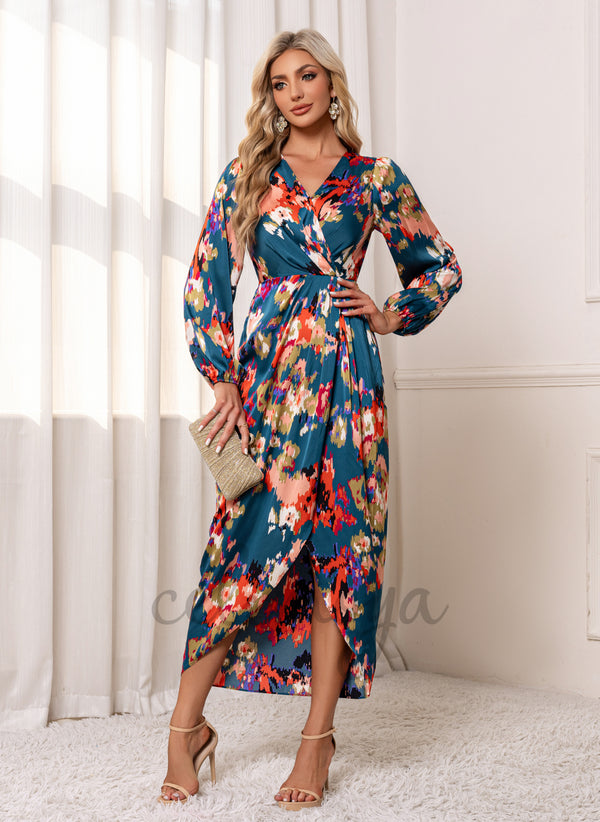 Floral Print V-Neck Sheath/Column Satin Asymmetrical Maxi Dress - 308570