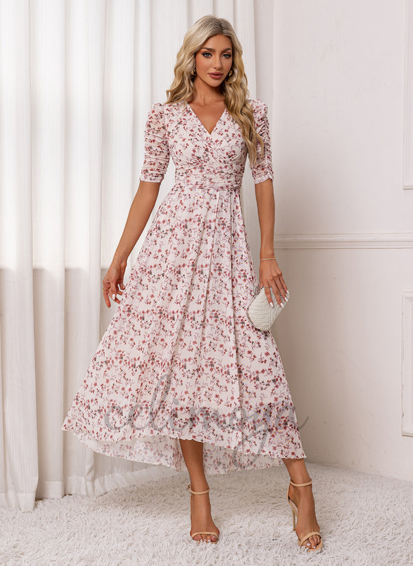 Floral Print V-Neck A-line Spandex Asymmetrical Maxi Dress - 308571