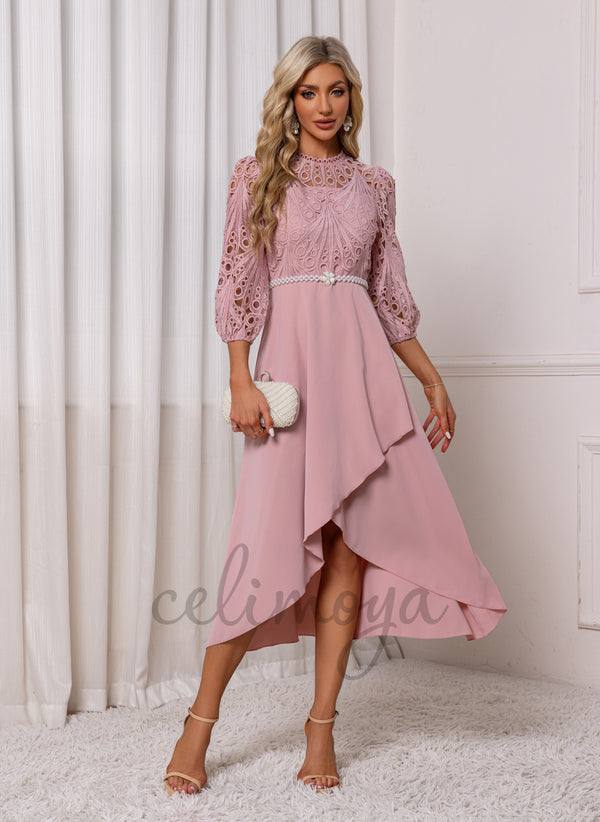 Illusion A-line Lace Polyester Asymmetrical Midi Dress - 309032