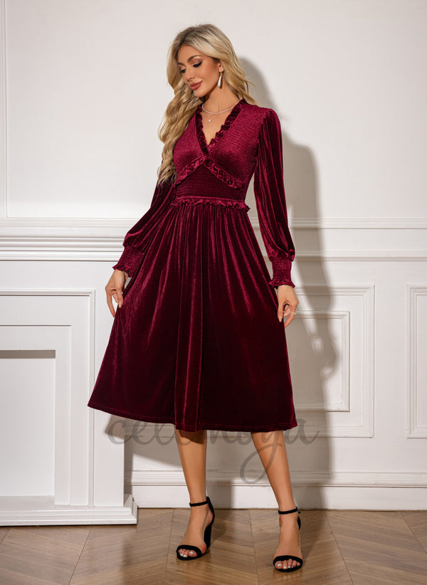 Ruffle V-Neck A-line Velvet Midi Dress