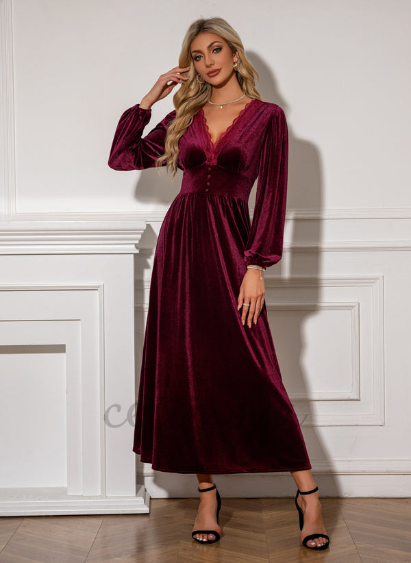 V-Neck A-line Velvet Midi Dress