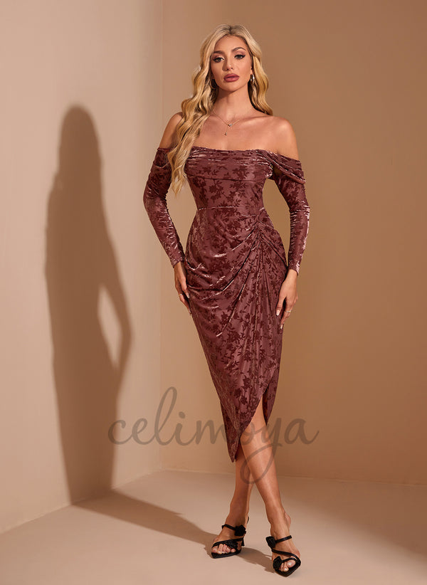 Pleated Off the Shoulder Bodycon Velvet Asymmetrical Midi Dress - 310327