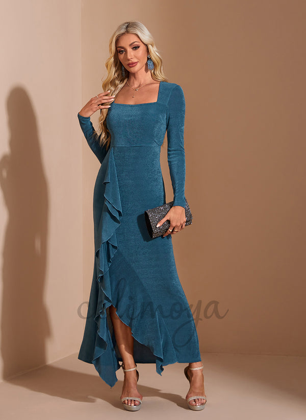 Ruffle Square Sheath/Column Jersey Asymmetrical Maxi Dress - 310337