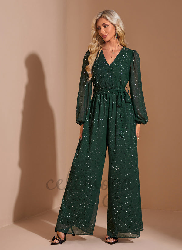 V-Neck Jumpsuit/Pantsuit Chiffon Sequin Maxi Dress - 310339