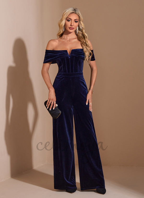 Off the Shoulder Jumpsuit/Pantsuit Velvet Maxi Dress - 310342