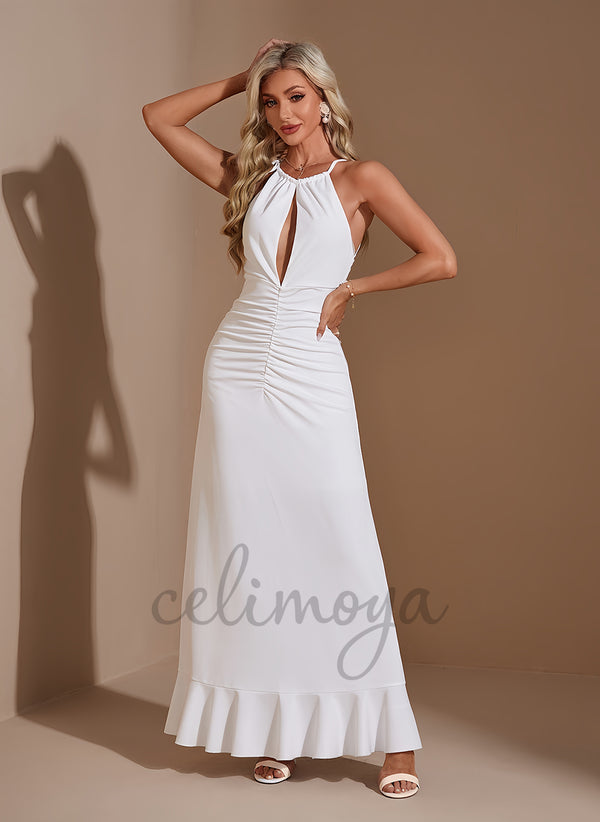 Ruffle Halter A-line Polyester Maxi Dress - 310725