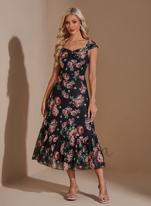 Floral Print Sweetheart A-line Spandex Midi Dress - 310735