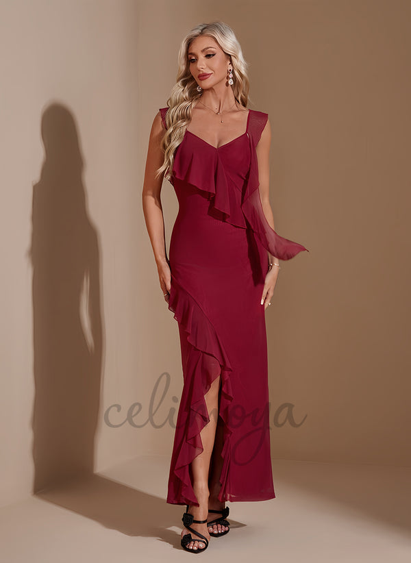 Ruffle V-Neck Sheath/Column Spandex Asymmetrical Maxi Dress - 310736