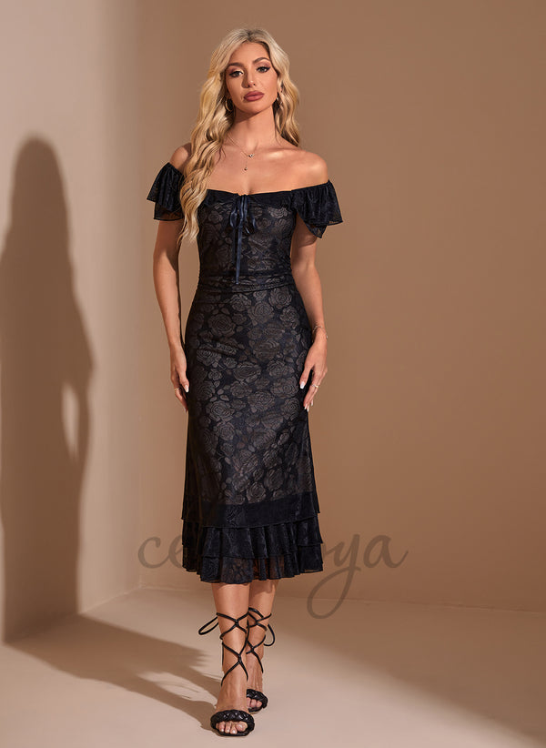 Off the Shoulder Trumpet/Mermaid Lace Midi Dress - 310923