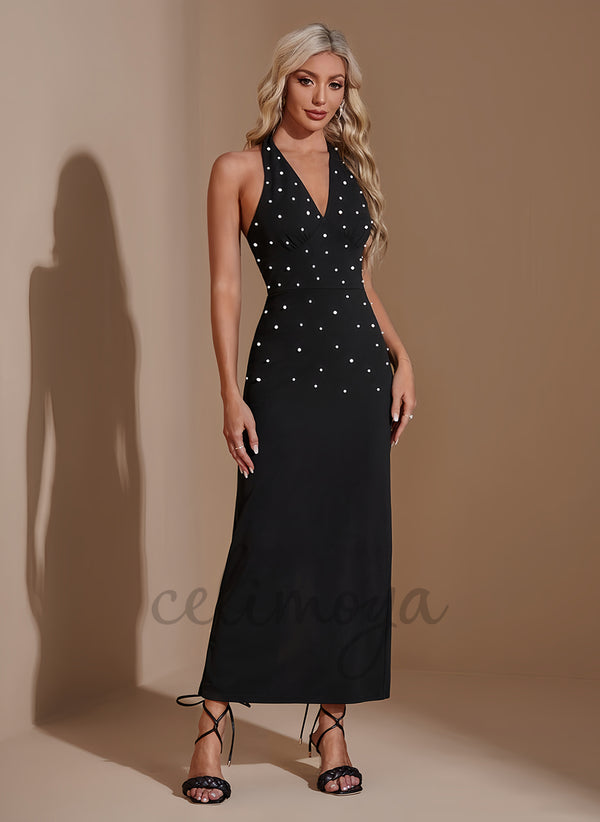 Beading V-Neck Sheath/Column Polyester Maxi Dress - 310926