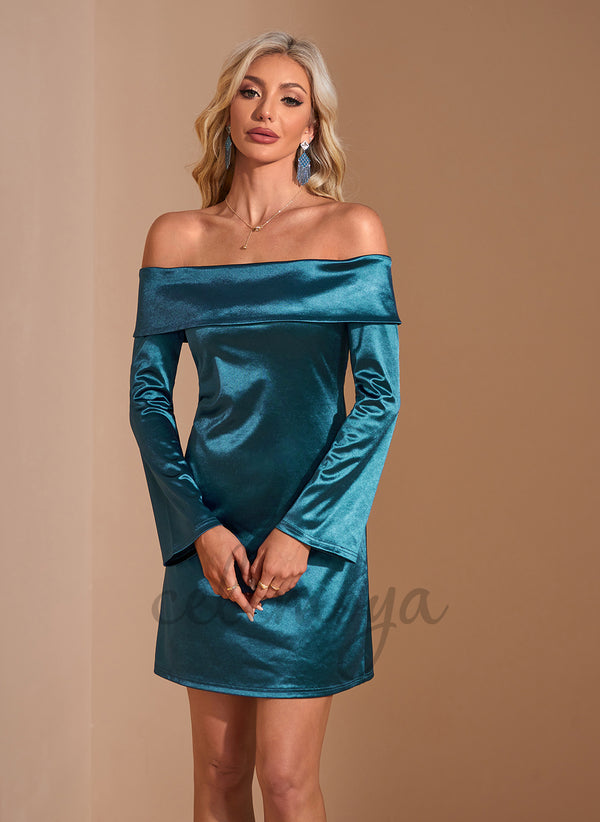 Off the Shoulder A-line Stretch Satin Mini Dress - 310929