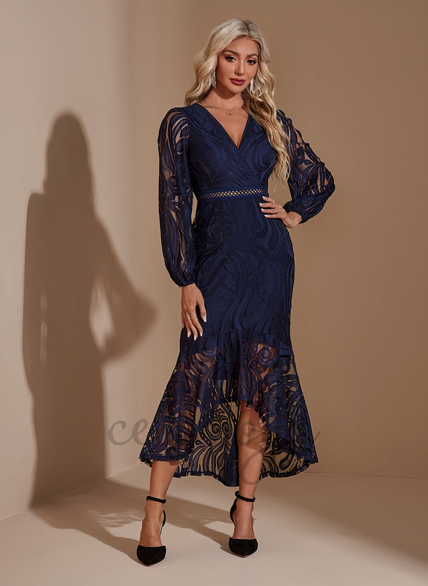 V-Neck Trumpet/Mermaid Lace Asymmetrical Maxi Dress - 310934