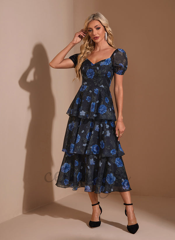 Ruffle Floral Print Sweetheart A-line Organza Midi Dress - 310936