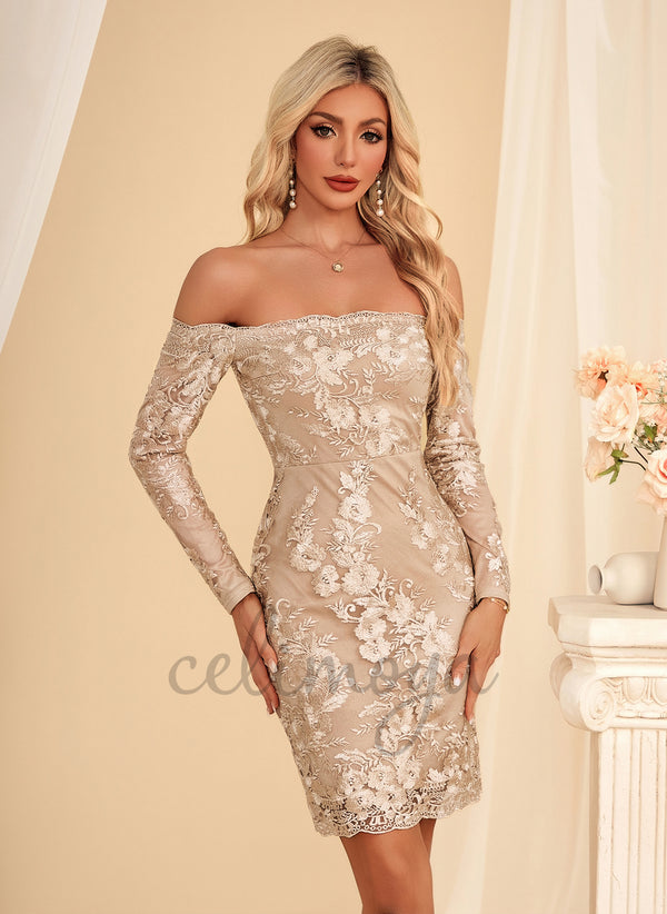 Embroidered Off the Shoulder Sheath/Column Lace Midi Dress - 312109