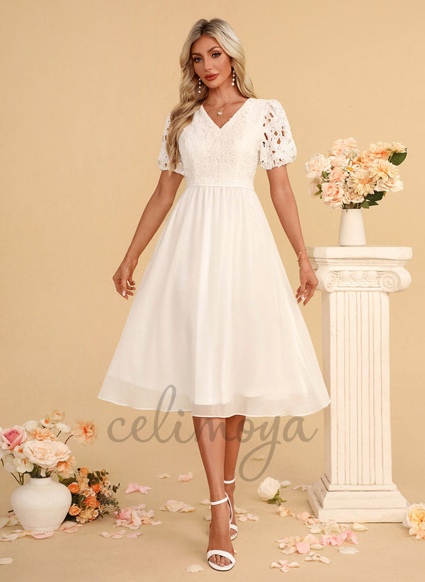 V-Neck A-line Chiffon Lace Midi Dress - 312114