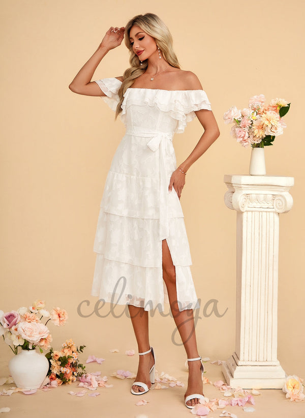 Ruffle Off the Shoulder A-line Chiffon Midi Dress - 312115