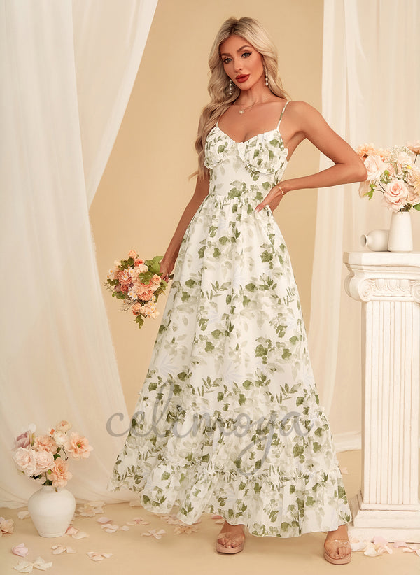 Floral Print V-Neck A-line Polyester Maxi Dress - 312680