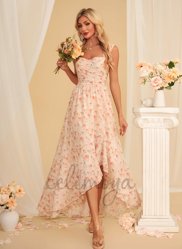 Floral Print Sweetheart A-line Chiffon Asymmetrical Maxi Dress - 312682