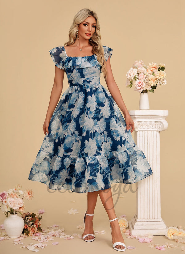 Floral Print Square A-line Organza Midi Dress - 415117