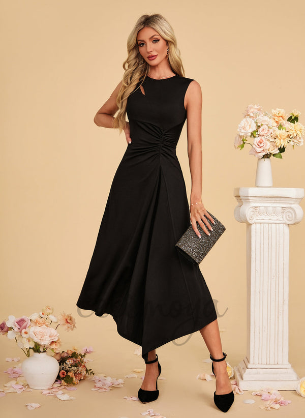 Scoop A-line Polyester Asymmetrical Midi Dress - 415119