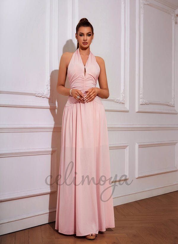 Pleated Halter A-line Jersey Maxi Dress - 415912