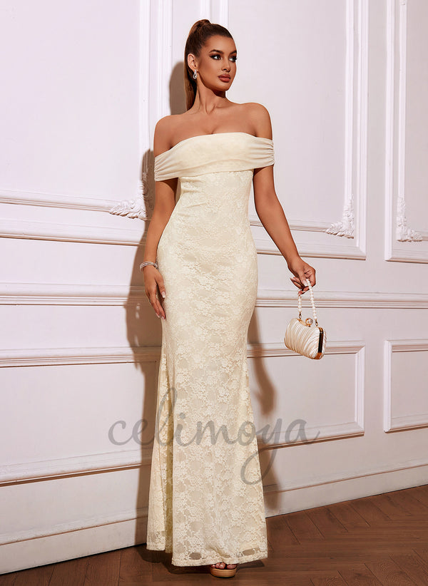 Off the Shoulder Trumpet/Mermaid Lace Spandex Maxi Dress - 416100