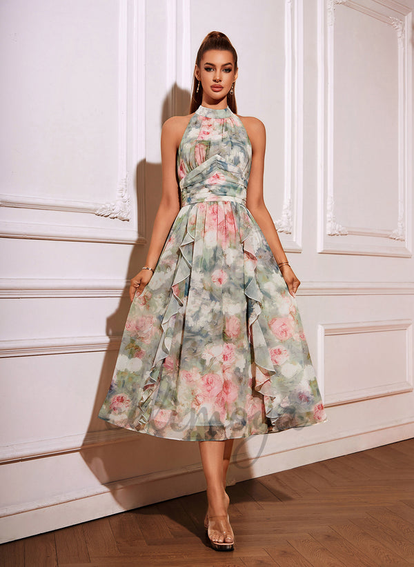 Floral Print Halter A-line Chiffon Midi Dress - 416105