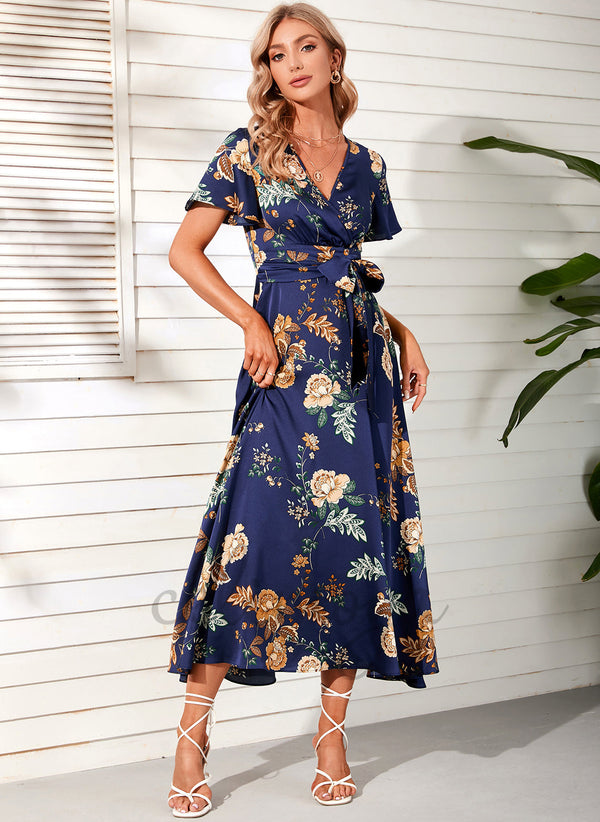Floral Print V-Neck Vacation A-line Satin Midi Dresses - 273210