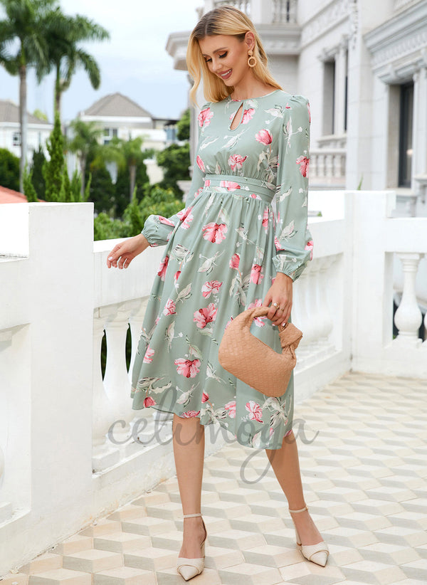 Floral Print Scoop Elegant A-line Polyester Midi Dresses - 285133