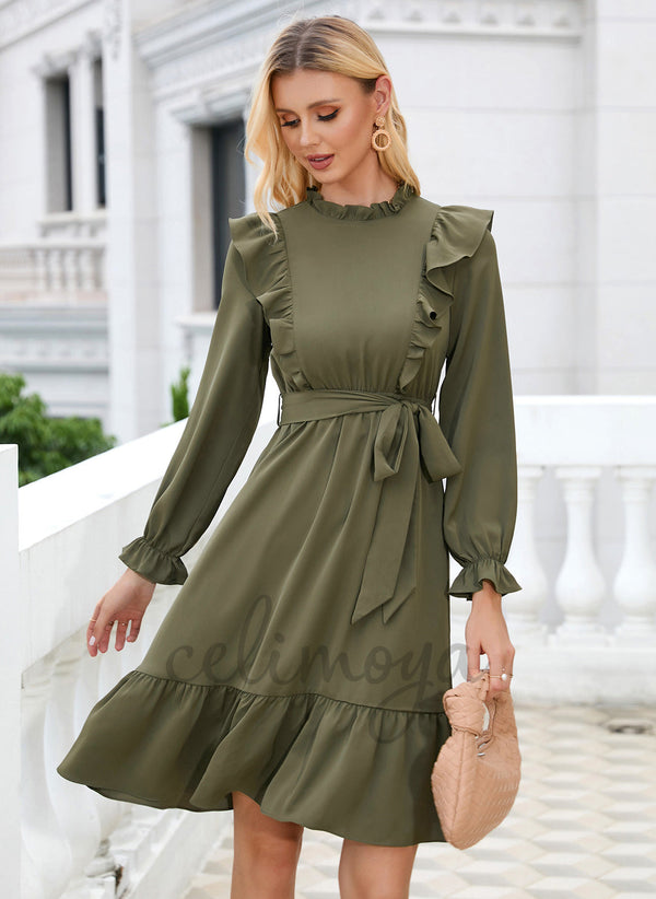 High Neck Elegant A-line Polyester Midi Dresses - 285141