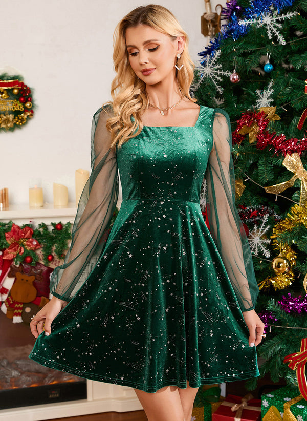 Sequins Square Elegant A-line Velvet Mini Dresses - 285821