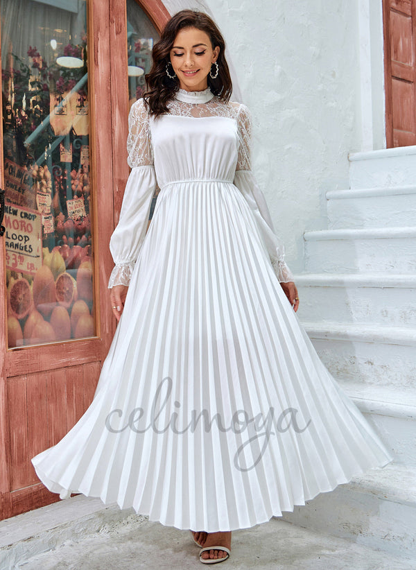 Pleated High Neck Elegant A-line Satin Maxi Dresses - 286518